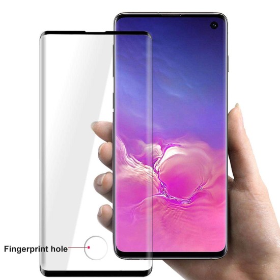 RoarKorea 5D Full Glue (Case Friendly, ar Fingerprint izgriezumu) ar noapaļotām malām Tempered Glass screen protector priekš Samsung Galaxy Note 10 N970 - Melns - Ekrāna Aizsargstikls / Bruņota Stikla Aizsargplēve (Full screen size curved)