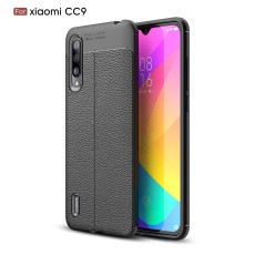 Litchi Skin PU Leather Coated TPU Mobile Phone Case priekš Xiaomi Mi 9 Lite - Melns - ādas imitācijas triecienizturīgs silikona aizmugures apvalks (maciņš, bampers, vāciņš, slim cover, bumper, back case)