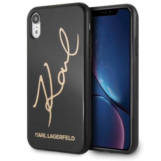 Karl Lagerfeld Glitter Karl Signature series Back Case KLHCI61DLKSBK priekš Apple iPhone XR - Melns - silikona un stikla aizmugures apvalks / maciņš