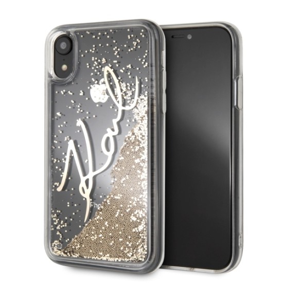 Karl Lagerfeld Glitter Liquid Signature series KLHCI61SGGO priekš Apple iPhone XR - Zelts - plastikāta apvalks (bampers, vāciņš, slim TPU case cover, bumper)