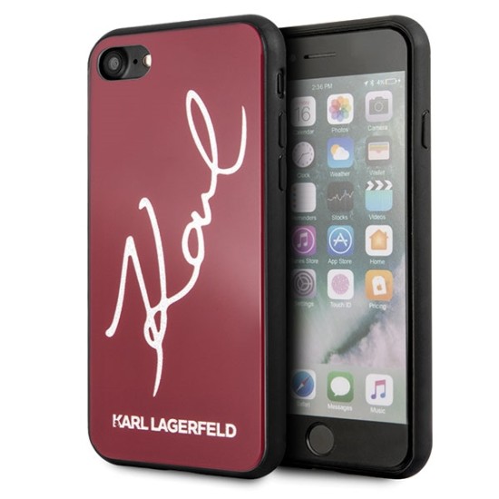 Karl Lagerfeld Glitter Karl Signature series Back Case KLHCI8DLKSRE priekš Apple iPhone 7 / 8 / SE2 (2020) / SE3 (2022) - Sarkans - silikona un stikla aizmugures apvalks / bampers-vāciņš