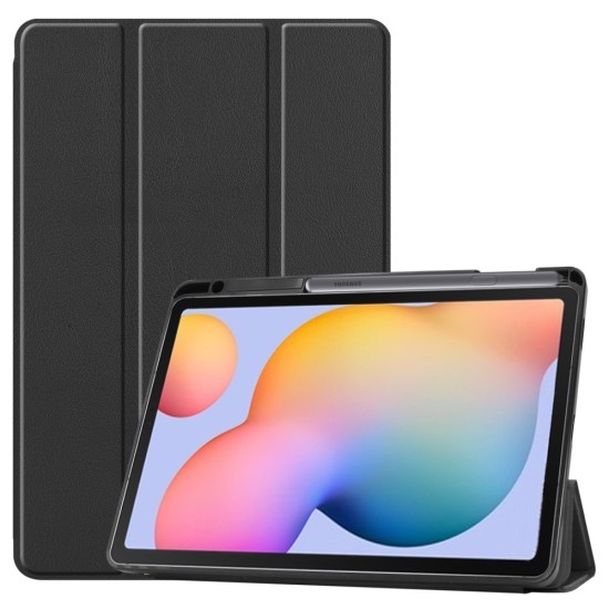 Tri-fold Stand PU Smart Auto Wake/Sleep Leather Case priekš Samsung Galaxy Tab S6 Lite P610 / P613 / P615 / P619 - Melns - sāniski atverams maciņš ar stendu