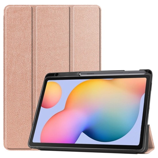 Tri-fold Stand PU Smart Auto Wake/Sleep Leather Case priekš Samsung Galaxy Tab S6 Lite P610 / P613 / P615 / P619 - Rozā Zelts - sāniski atverams maciņš ar stendu
