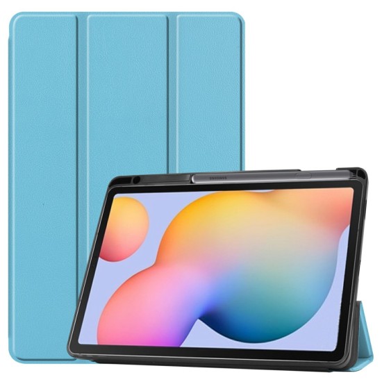 Tri-fold Stand PU Smart Auto Wake/Sleep Leather Case priekš Samsung Galaxy Tab S6 Lite P610 / P613 / P615 / P619 - Gaiši Zils - sāniski atverams maciņš ar stendu