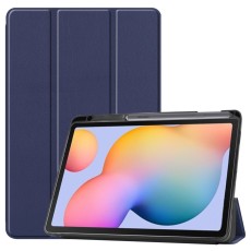 Tri-fold Stand PU Smart Auto Wake/Sleep Leather Case priekš Samsung Galaxy Tab S6 Lite P610 / P613 / P615 / P619 - Tumši Zils - sāniski atverams maciņš ar stendu