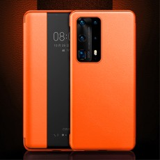 Smart View Window Touch Slide Wake / Sleep PU Leather Book Case priekš Huawei P40 - Oranžs - sāniski atverams mākslīgas ādas maciņš ar lodziņu