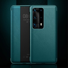 Smart View Window Touch Slide Wake / Sleep PU Leather Book Case priekš Huawei P40 Pro - Tumši Zaļš - sāniski atverams mākslīgas ādas maciņš ar lodziņu