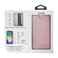 Guess Bundle GUBPBKTI61IRG Leather Book Case Iridescent series / Tempered Glass priekš Apple iPhone XR - Rozā Zelts - sāniski atverams maciņš un aizsardzības stikls komplektā