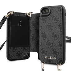 Guess 4G Crossbody Cardslot series GUHCI8CB4GG priekš Apple iPhone 7 / 8 / SE2 (2020) / SE3 (2022) - Pelēks - sāniski atverams aizmugures maciņš ar kabatiņām priekš kartēm un virvi