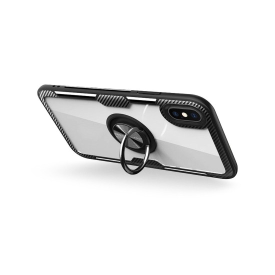 Forcell Carbon Clear Ring Back Case priekš Apple iPhone 11 - Caurspīdīgs - triecienizsturīgs silikona aizmugures apvalks ar gredzenu