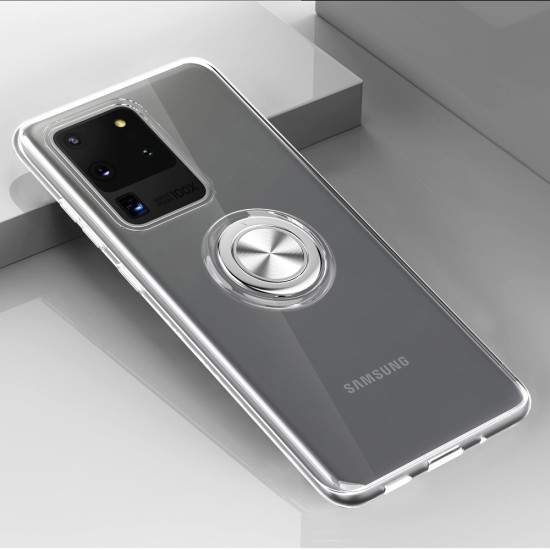 Finger Ring Kickstand Clear TPU Back Case priekš Samsung Galaxy S20 Ultra 5G G988 - Caurspīdīgs - silikona aizmugures apvalks ar gredzenu