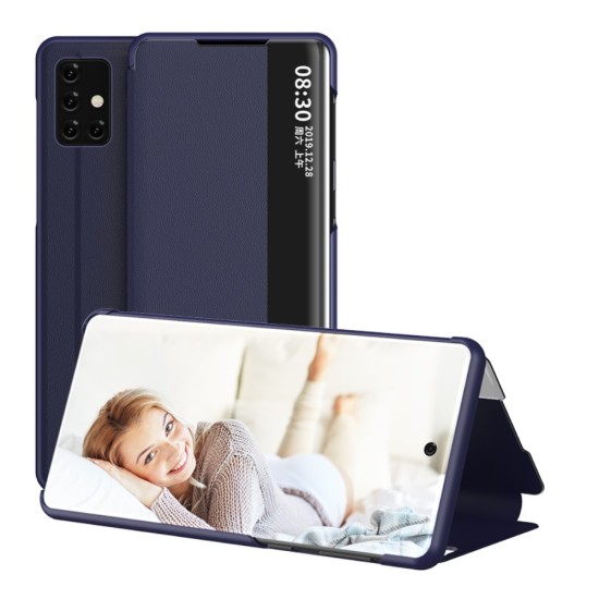 View Window PU Leather Book Case priekš Samsung Galaxy A71 A715 - Tumši Zils - sāniski atverams mākslīgas ādas maciņš ar lodziņu un stendu