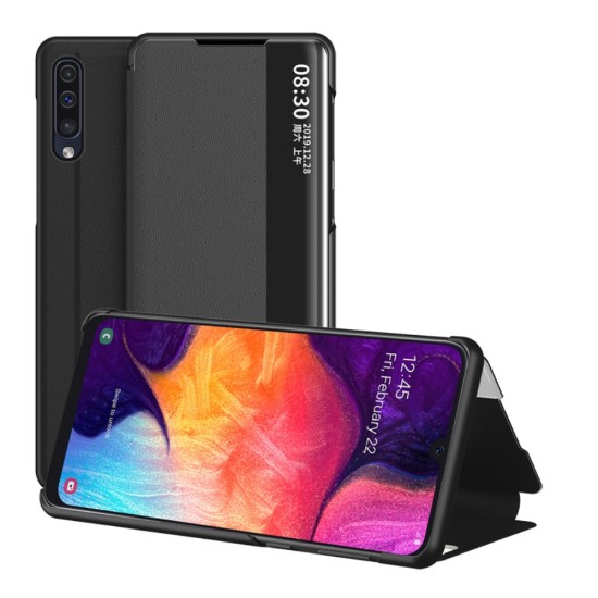 View Window PU Leather Book Case priekš Samsung Galaxy A50 / A50 EE A505 / A30s A307 - Melns - sāniski atverams mākslīgas ādas maciņš ar lodziņu un stendu