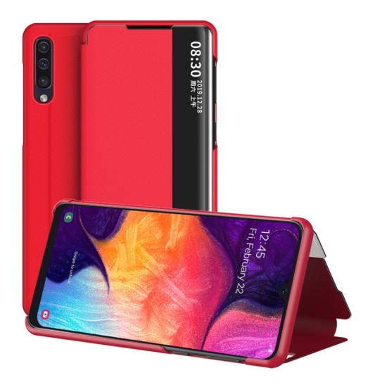 View Window PU Leather Book Case priekš Samsung Galaxy A50 / A50 EE A505 / A30s A307 - Sarkans - sāniski atverams mākslīgas ādas maciņš ar lodziņu un stendu
