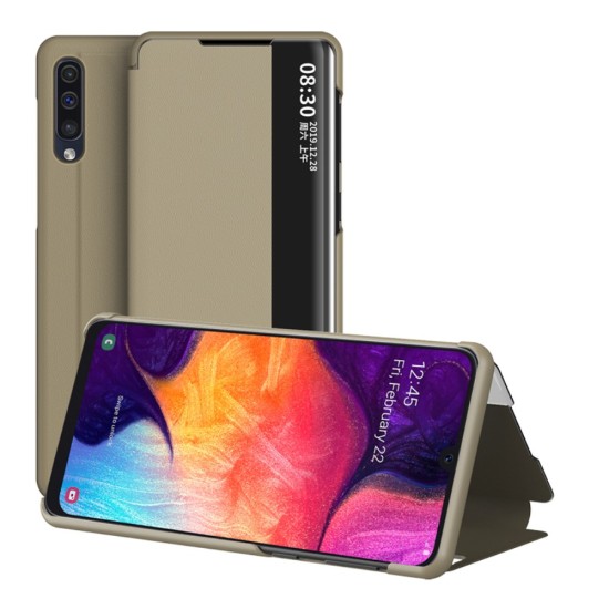 View Window PU Leather Book Case priekš Samsung Galaxy A50 / A50 EE A505 / A30s A307 - Gaiši Brūns - sāniski atverams mākslīgas ādas maciņš ar lodziņu un stendu