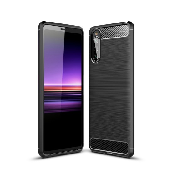 Carbon Fiber Brushed TPU Back Phone Case priekš Sony Xperia 10 II - Melns - triecienizturīgs silikona aizmugures apvalks (bampers, vāciņš, slim TPU silicone case shell cover, bumper)