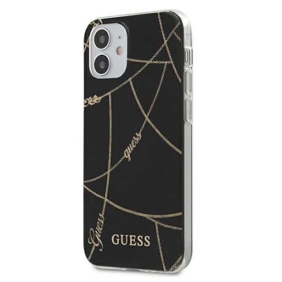 Guess Gold Chain Collection Back Case GUHCP12SPCUCHBK priekš Apple iPhone 12 mini - Melns - silikona-plastikāta aizmugures apvalks / bampers-vāciņš