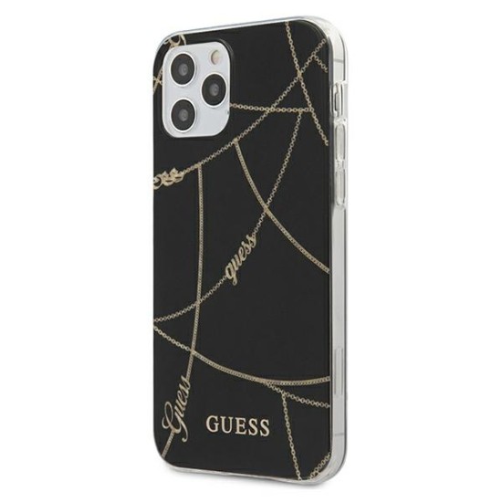 Guess Gold Chain Collection Back Case GUHCP12MPCUCHBK priekš Apple iPhone 12 / 12 Pro - Melns - silikona-plastikāta aizmugures apvalks / bampers-vāciņš