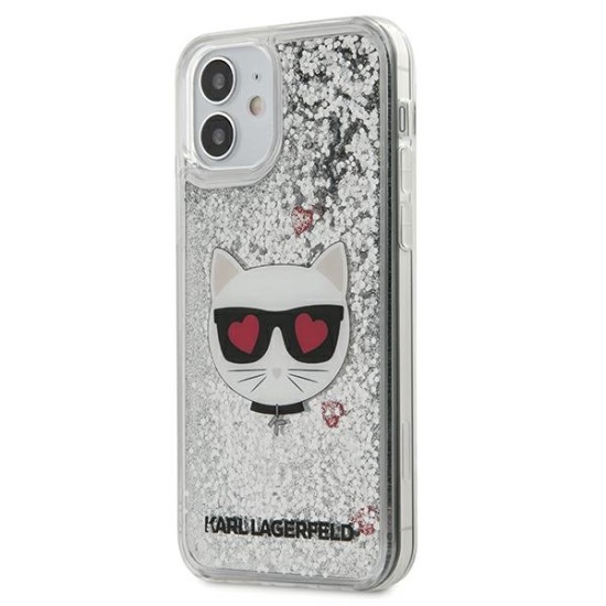 Karl Lagerfeld Liquid Glitter Choupette Back Case KLHCP12SLCGLSL priekš Apple iPhone 12 mini - Sudraba - silikona-plastikāta aizmugures apvalks / bampers-vāciņš