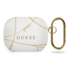 Guess GUACAPTPUCHWH Gold Chain Collection Silicone Case priekš Apple Airpods Pro - Balts - silikona apvalks bezvadu austiņu lādēšanas ierīcei