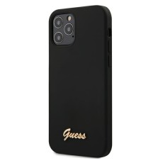 Guess Silicone Script Gold Logo series Back Case GUHCP12MLSLMGBK priekš Apple iPhone 12 / 12 Pro - Melns - silikona aizmugures apvalks / bampers-vāciņš