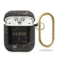 Guess GUACA2TPUMABK Marble Collection Silicone Case priekš Apple Airpods - Melns - silikona apvalks bezvadu austiņu lādēšanas ierīcei