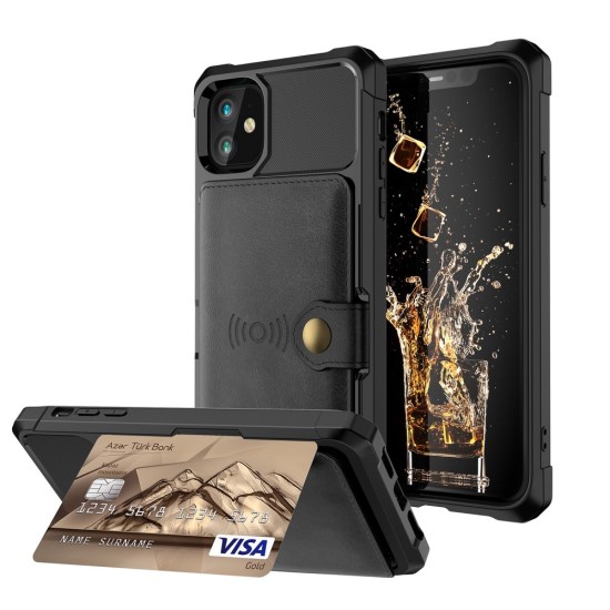 Leather Coated TPU Back Case with Card Holder Built-in Magnetic Sheet priekš Apple iPhone 12 / 12 Pro - Melns - silikona aizmugures apvalks ar kabatiņu un iebūvētu magnētu / bampers-vāciņš