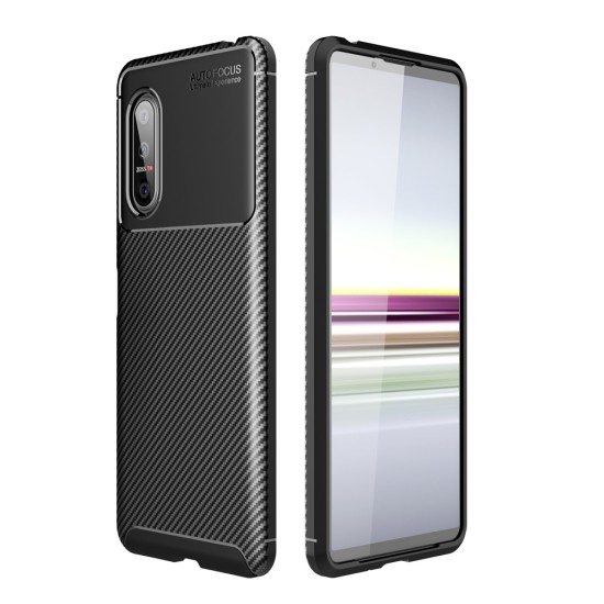 Carbon Fiber Texture Shockproof TPU Phone Cover priekš Sony Xperia 5 II - Melns - Triecienizturīgs silikona aizmugures apvalks / bampers-vāciņš