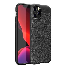 Litchi Skin PU Leather Coated TPU Mobile Phone Case priekš Apple iPhone 12 Pro Max - Melns - ādas imitācijas triecienizturīgs silikona aizmugures apvalks / bampers-vāciņš