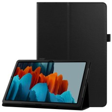 Litchi Texture Leather Stand Protective Case priekš Samsung Galaxy Tab S7 T870 / T875 / Tab S8 X700 / X706 - Melns - sāniski atverams maciņš ar stendu