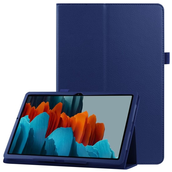 Litchi Texture Leather Stand Protective Case priekš Samsung Galaxy Tab S7 T870 / T875 / Tab S8 X700 / X706 - Tumši Zils - sāniski atverams maciņš ar stendu