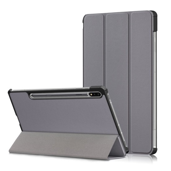 Tri-fold Stand PU Smart Auto Wake/Sleep Leather Case priekš Samsung Galaxy Tab S7 T870 / T875 / Tab S8 X700 / X706 - Pelēka - sāniski atverams maciņš ar stendu