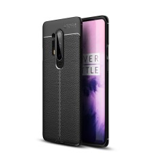 Litchi Skin PU Leather Coated TPU Mobile Phone Case priekš OnePlus 8 Pro - Melns - ādas imitācijas triecienizturīgs silikona aizmugures apvalks / bampers-vāciņš