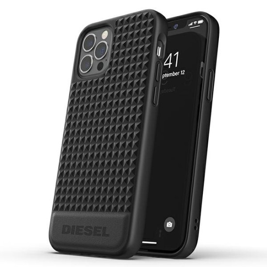 Diesel Moulded Back Case priekš Apple iPhone 12 / 12 Pro - Melns - ādas aizmugures apvalks / bampers-vāciņš