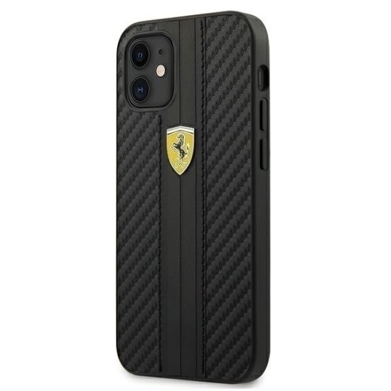 Ferrari Carbon On Track Collection Back Case FESNECHCP12LBK priekš Apple iPhone 12 mini - Melns - mākslīgās ādas aizmugures apvalks / bampers-vāciņš
