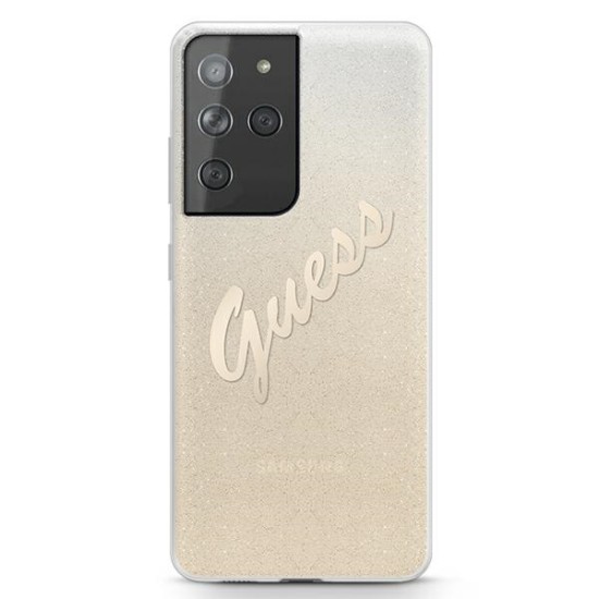 Guess Glitter Gradient series Back Case GUHCS21LPCUGLSGO priekš Samsung Galaxy S21 Ultra G998 - Zelts - silikona-plastikāta aizmugures apvalks / bampers-vāciņš