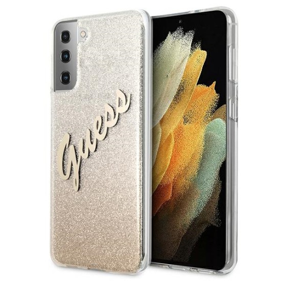 Guess Glitter Gradient series Back Case GUHCS21SPCUGLSGO priekš Samsung Galaxy S21 G991 - Zelts - silikona-plastikāta aizmugures apvalks / bampers-vāciņš