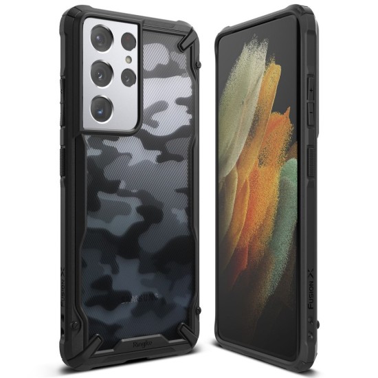 Ringke Fusion X Series Back Case priekš Samsung Galaxy S21 Ultra G998 - Kamuflāža / Melns - triecienizturīgs silikona-plastikāta aizmugures apvalks / bampers-vāciņš