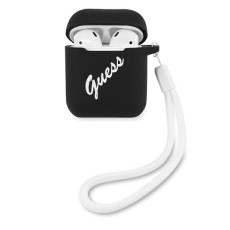 Guess GUACA2LSVSBW Silicone Vintage Case priekš Apple Airpods - Melns / Balts - silikona apvalks bezvadu austiņu lādēšanas ierīcei