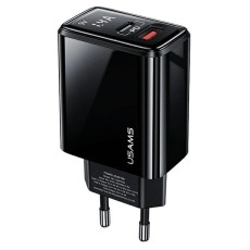 Usams T40 (US-CC133) Type-C / USB 20W QC / PD 3.0 Wall Charger with LED Display Ļoti ātrs tīkla lādētājs - Melns