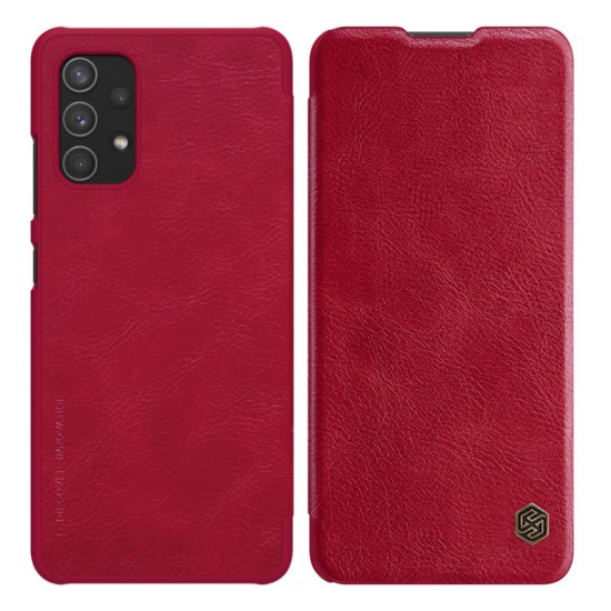 NILLKIN Qin Series Card Holder Leather Flip Case priekš Samsung Galaxy A32 4G A325 - Sarkans - sāniski atverams maciņš (ādas maks, grāmatiņa, leather book wallet case cover)