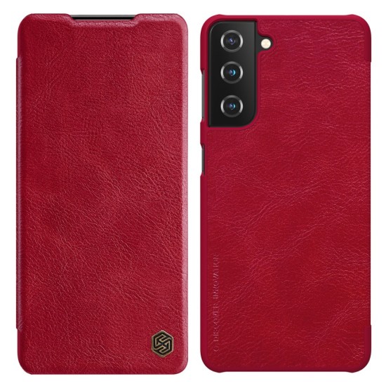 NILLKIN Qin Series Leather Flip Case priekš Samsung Galaxy S21 G991 - Sarkans - sāniski atverams maciņš (ādas maks, grāmatiņa, leather book wallet case cover)
