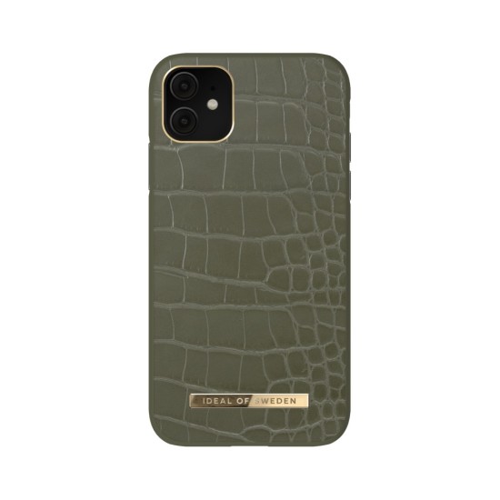 iDeal of Sweden Atelier AW21 Back Case priekš Apple iPhone 11 - Khaki Croco - mākslīgās ādas aizmugures apvalks ar iebūvētu metālisku plāksni / bampers-vāciņš