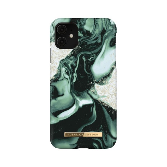 iDeal of Sweden Fashion AW21 Back Case priekš Apple iPhone 11 - Golden Olive Marble - plastikāta aizmugures apvalks ar iebūvētu metālisku plāksni / bampers-vāciņš