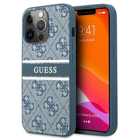 Guess 4G Stripe Collection Back Case GUHCP13L4GDBL priekš Apple iPhone 13 Pro - Zils - mākslīgās ādas aizmugures apvalks / bampers-vāciņš