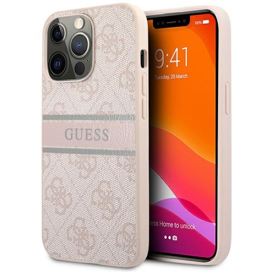 Guess 4G Stripe Collection Back Case GUHCP13L4GDPI priekš Apple iPhone 13 Pro - Rozā - mākslīgās ādas aizmugures apvalks / bampers-vāciņš