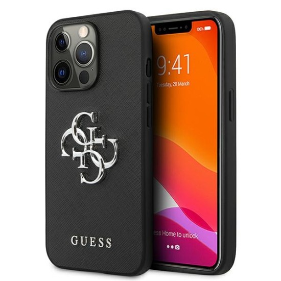 Guess 4G Saffiano Metal Logo Collection Back Case GUHCP13LSA4GSBK priekš Apple iPhone 13 Pro - Melns - mākslīgās ādas aizmugures apvalks / bampers-vāciņš