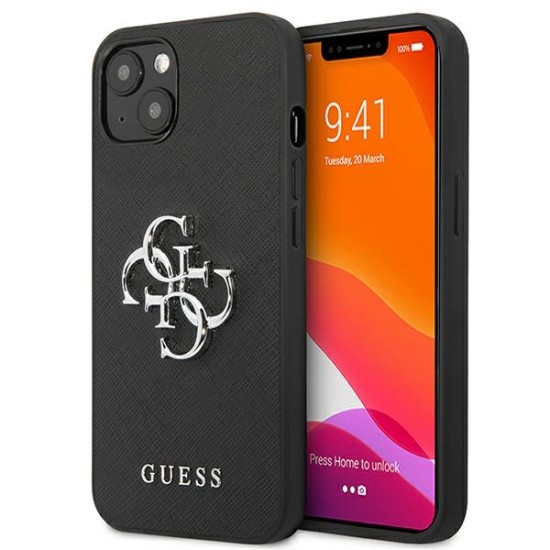 Guess 4G Saffiano Metal Logo Collection Back Case GUHCP13MSA4GSBK priekš Apple iPhone 13 - Melns - mākslīgās ādas aizmugures apvalks / bampers-vāciņš