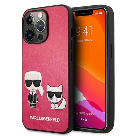 Karl Lagerfeld Ikonik Karl & Choupette series Back Case KLHCP13LPCUSKCP priekš Apple iPhone 13 Pro - Rozā - mākslīgās ādas aizmugures apvalks / bampers-vāciņš