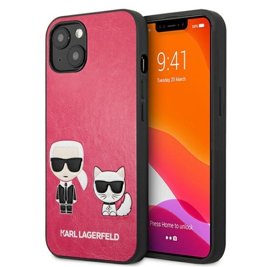 Karl Lagerfeld Ikonik Karl & Choupette series Back Case KLHCP13SPCUSKCP priekš Apple iPhone 13 mini - Rozā - mākslīgās ādas aizmugures apvalks / bampers-vāciņš
